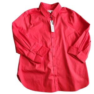 Chico's No Iron Stretch Button Front Top Shirt Women's 14 Red Flip Cuff Career